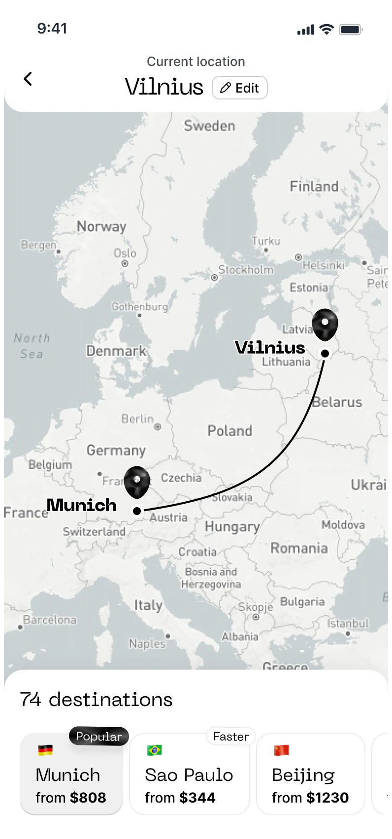Navigate the Skies flight map with a route from Munich to Vilnius