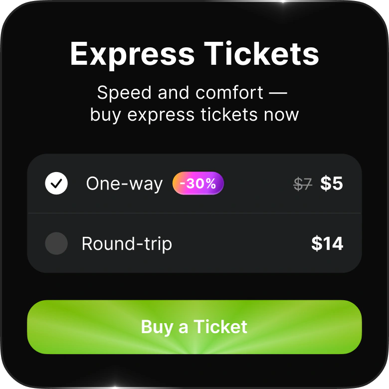 Express tickets screen with a one-way discount and ticket purchase button