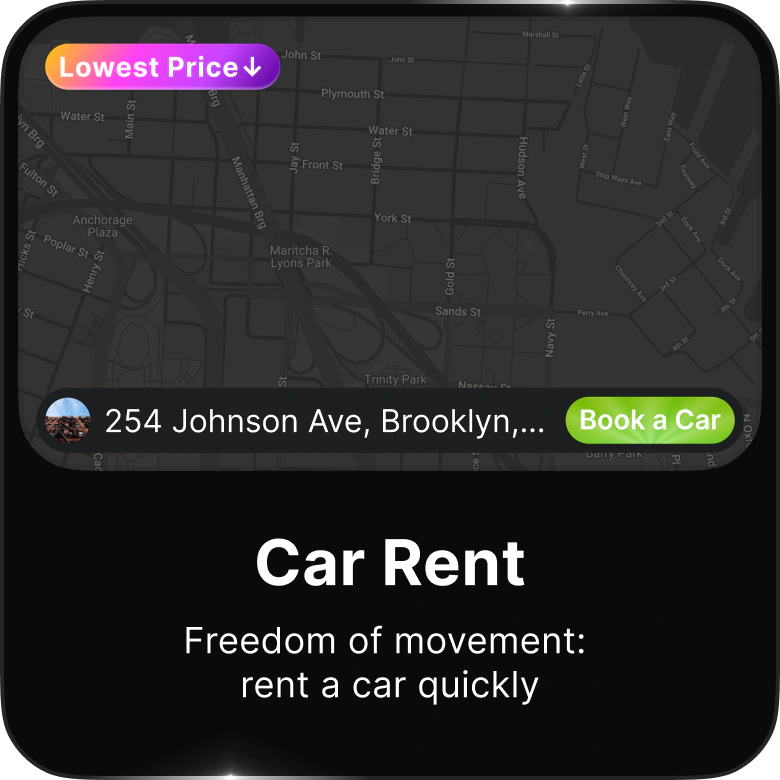 Car rental screen with a pickup location and booking button